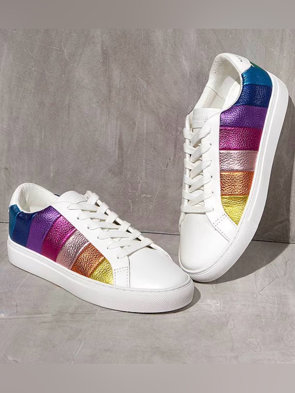 Kurt Geiger White Low-Top Sneakers with Rainbow Metallic Panels Size 9.5